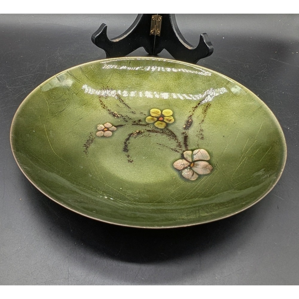 Bovano of Cheshire Enamel on Copper Floral Bowl Green Vintage MCM Handcrafted